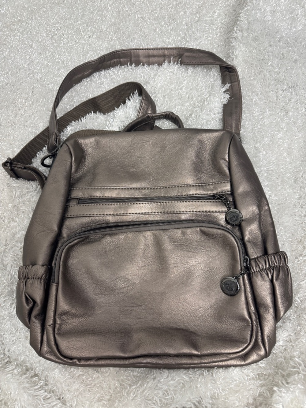 Leather backpack purse Baleini pewter color